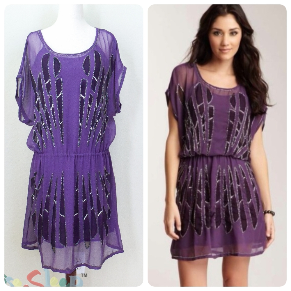 💜 *Romeo & Juliet Couture* Purple beaded sheer dress - Small